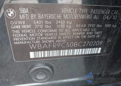 2011 BMW 550 I z USA, uszkodzony, nr VIN WBAFR9C50BC270209